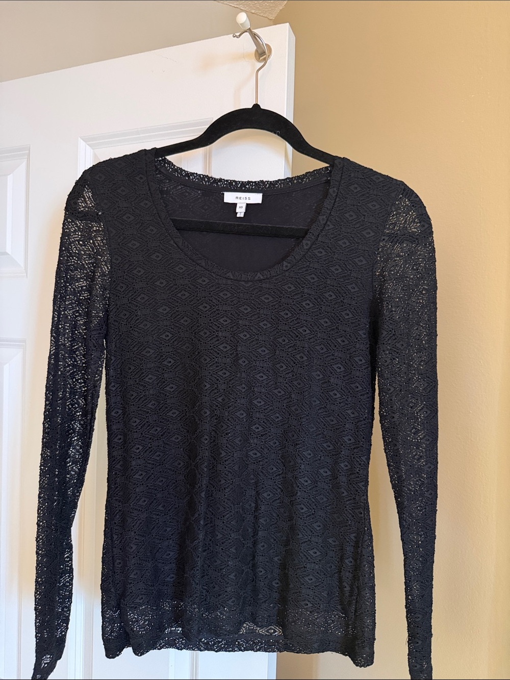 Reiss Black Lace Long Sleeve Scoop Neck Top